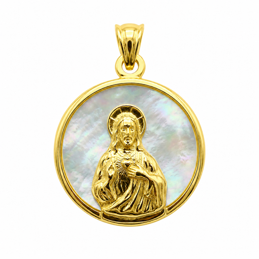 Medalla Sagrado Corazón en oro 18k macizo con nácar, 17mm de diámetro, regalo para niños