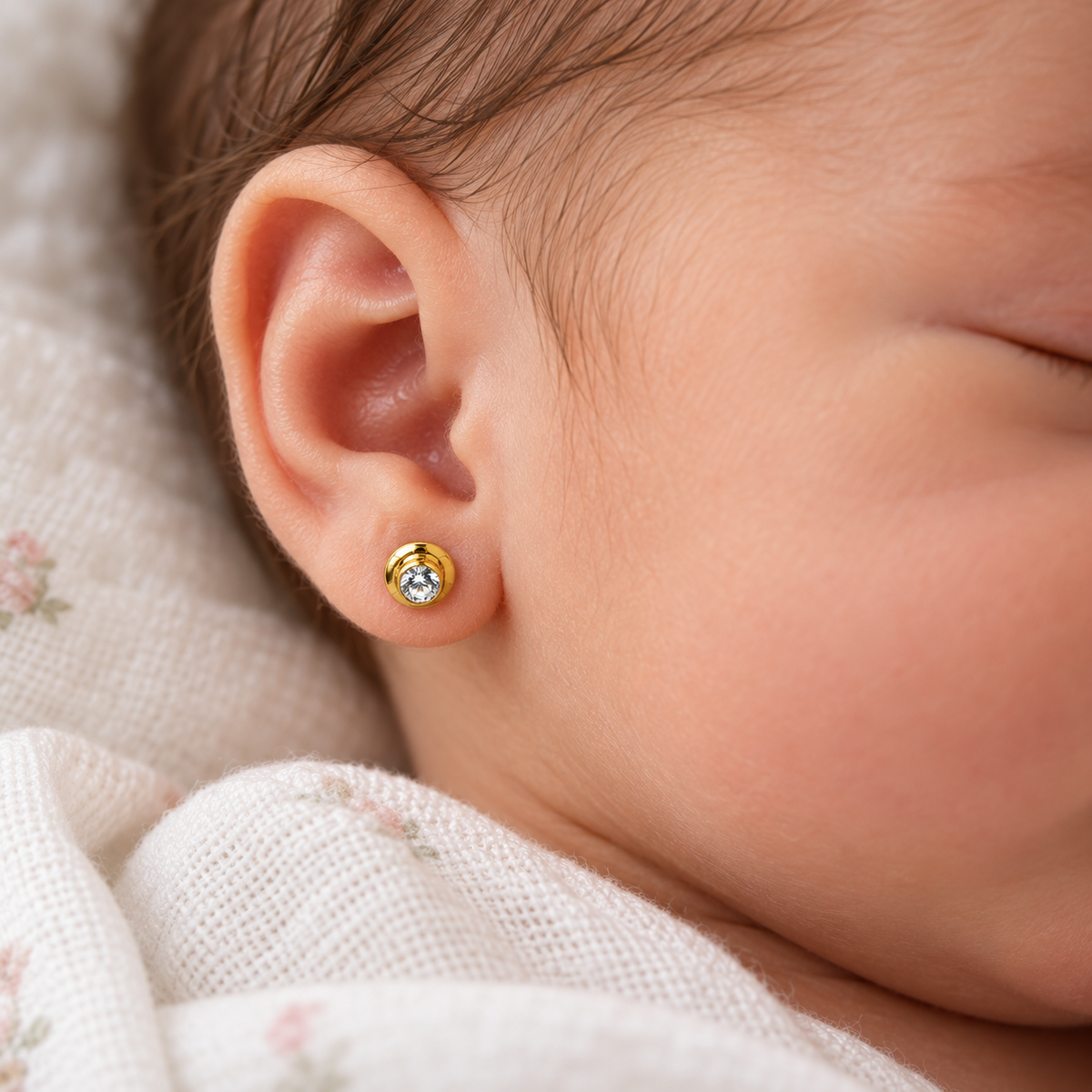 Aro abridor de oro 18k modelo strass con circón blanco puestos en la orejita de una bebe recien nacida