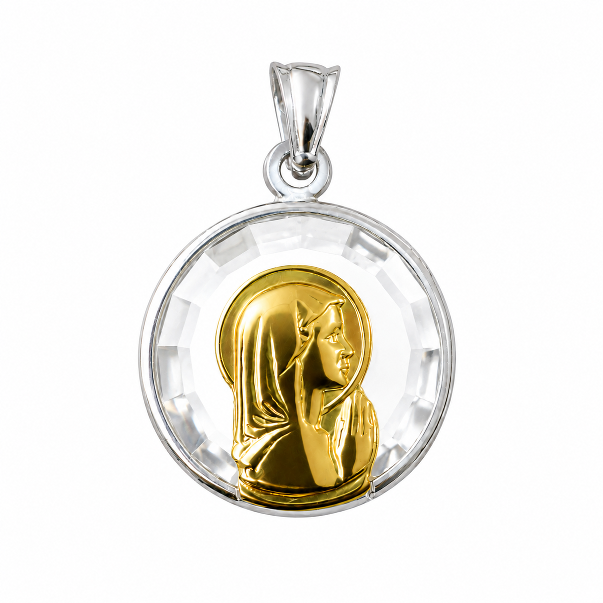 Medalla Virgen Niña con aureola bañada en oro 18k sobre fondo de cristal facetado y marco de plata 17 mm.