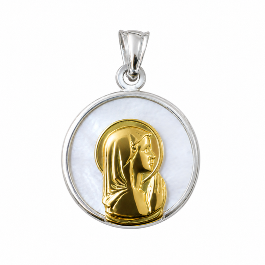 Medalla Virgen Niña con aureola bañada en oro 18k sobre fondo de nácar natural y marco de plata 17 mm.