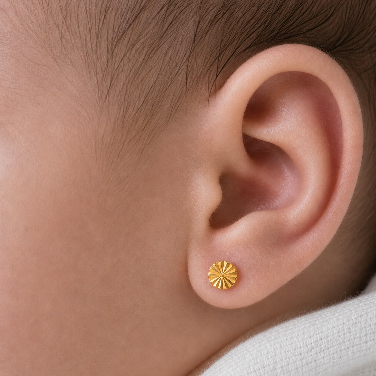 Detalle de la oreja de una recién nacida luciendo un aro abridor redondo facetado de oro 18k de 4mm. El tamaño es proporcional y delicado, resaltando el brillo del oro macizo con seguridad.