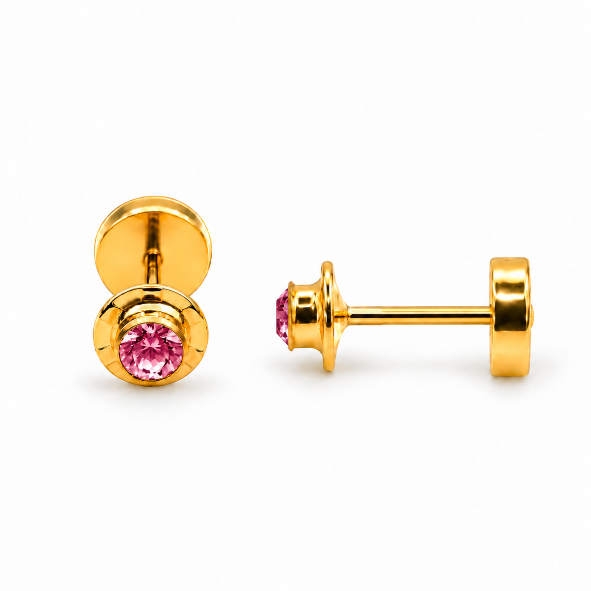 Aro abridor de oro 18k modelo strass con circón rosado mostrando tornillo tope a presión seguro para bebé.