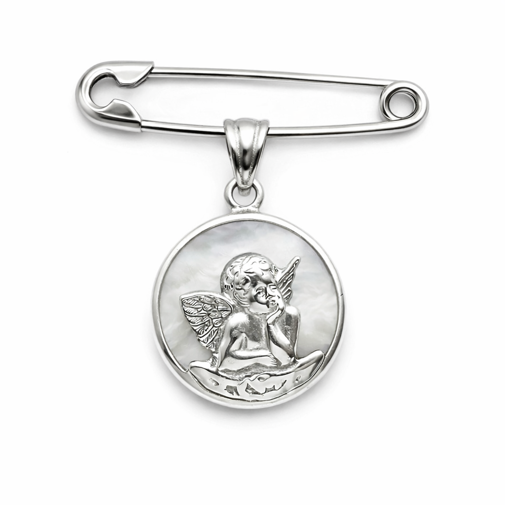 alfiler de gancho de plata con medalla angel de la guarda