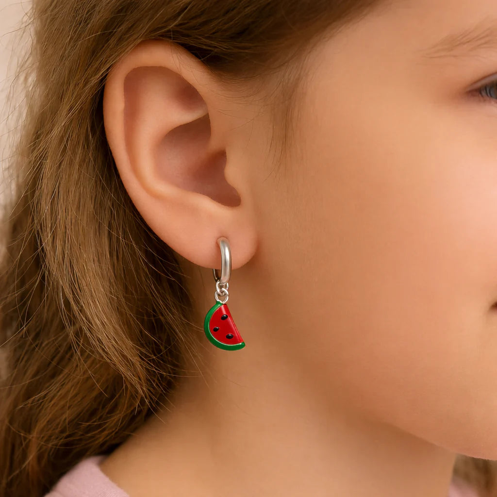 Argollas de Plata Ley 925 con Dije Sandía Esmaltada para Niña