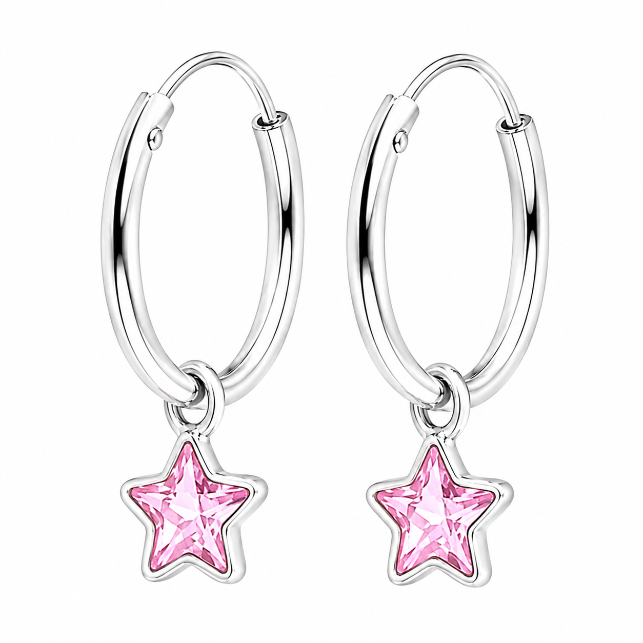 Argollas de plata ley 925 con dije de estrella rosa, vista del par