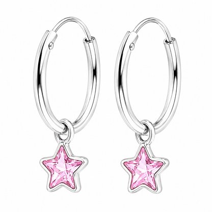 Argollas de plata ley 925 con dije de estrella rosa, vista del par