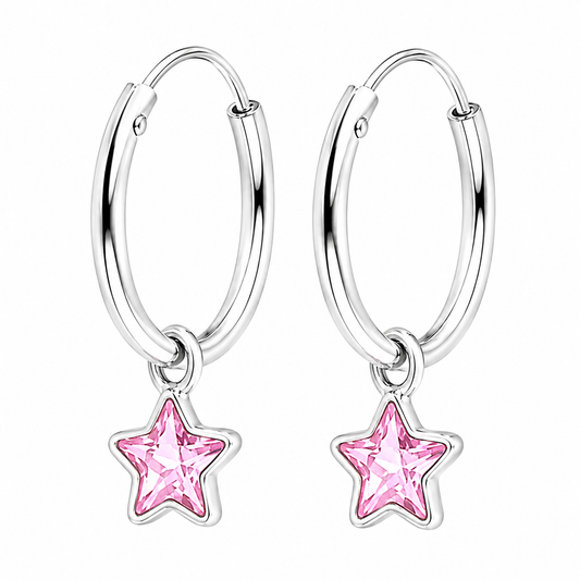 Argollas de plata ley 925 con dije de estrella rosa, vista del par