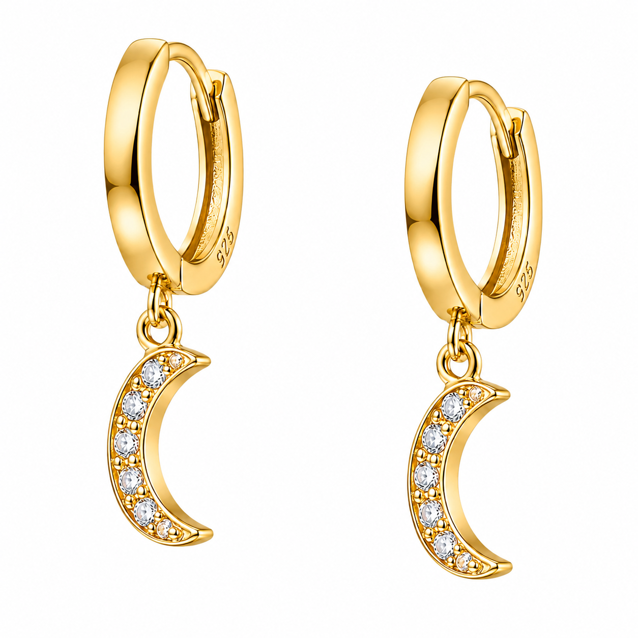 Argollas con dije de luna en plata ley 925 con baño de oro 18k, vista del par
