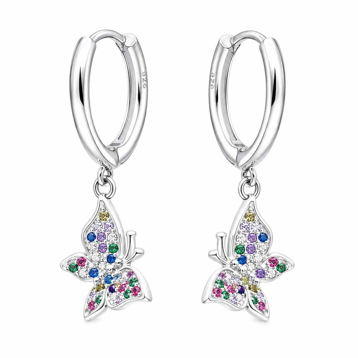 Aros Argolla de Plata con Colgante Mariposa de Circones de Colores (12mm)
