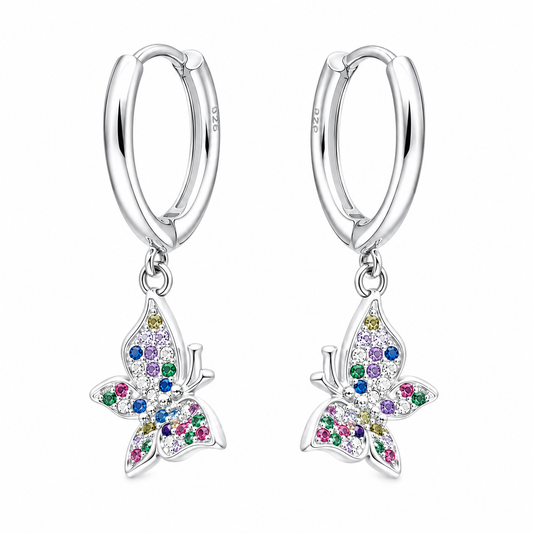 Aros Argolla de Plata con Colgante Mariposa de Circones de Colores (12mm)