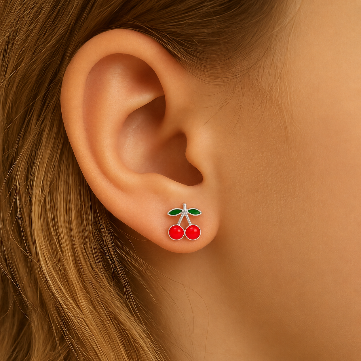 Aros Cerezas de Plata 925 Esmaltada (9x9mm) con Tope de Seguridad
