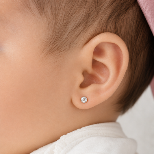 Bebé de 6 meses luciendo aros de circón redondo en plata 4mm