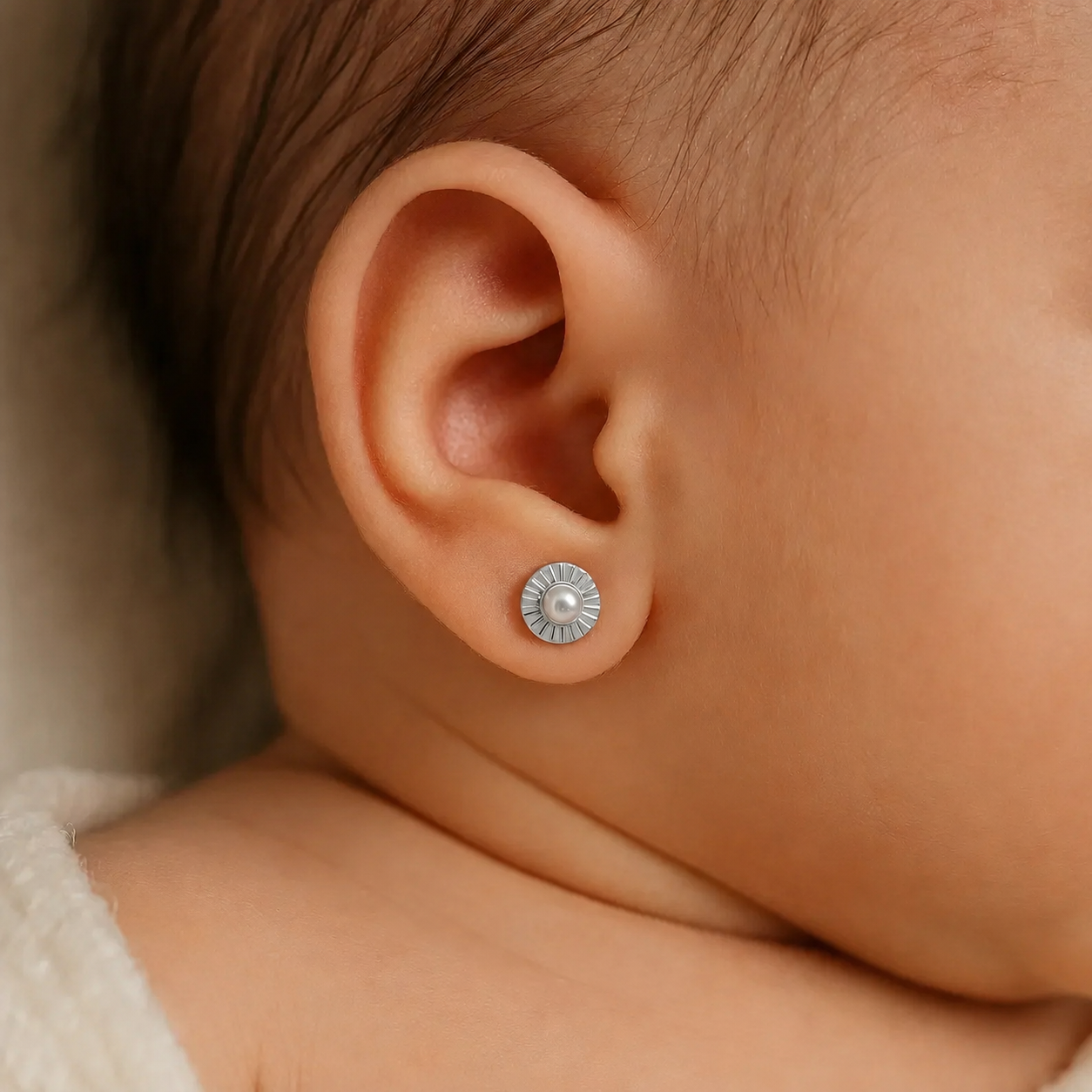 Abridores de plata facetados de 4mm con perla puestos en una bebé de 6 meses
