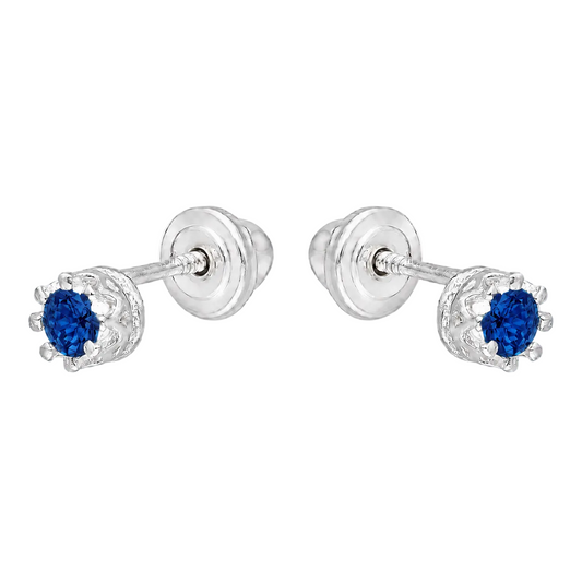 Aros de plata 925 tipo corona con circón azul para bebé