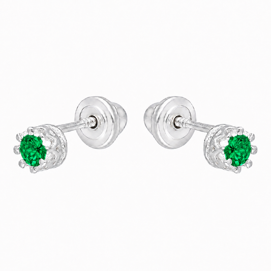 Aros de plata 925 tipo corona con circón verde para bebé