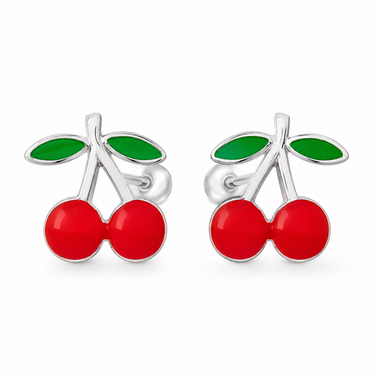 Aros Cerezas de Plata 925 Esmaltada (9x9mm) con Tope de Seguridad
