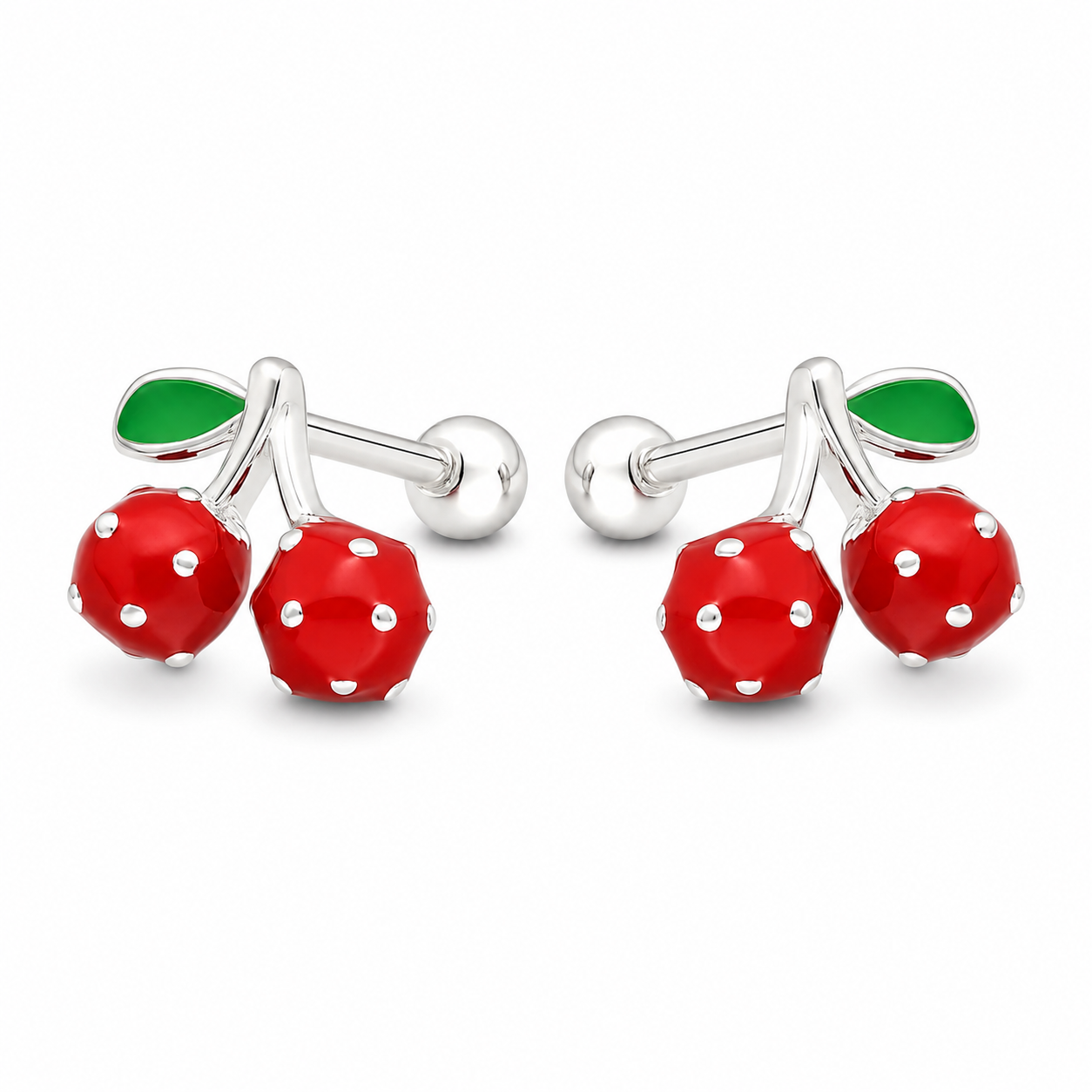 Aros de cerezas esmaltadas en plata ley 925, vista frontal del par