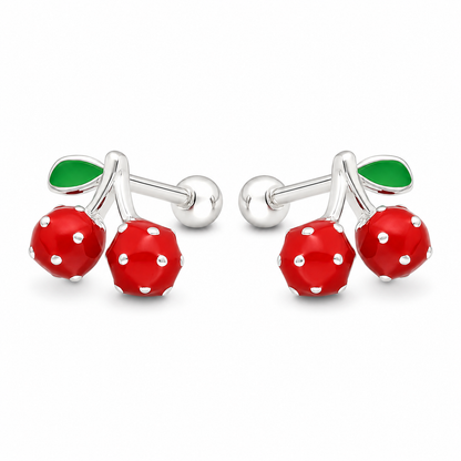 Aros de cerezas esmaltadas en plata ley 925, vista frontal del par