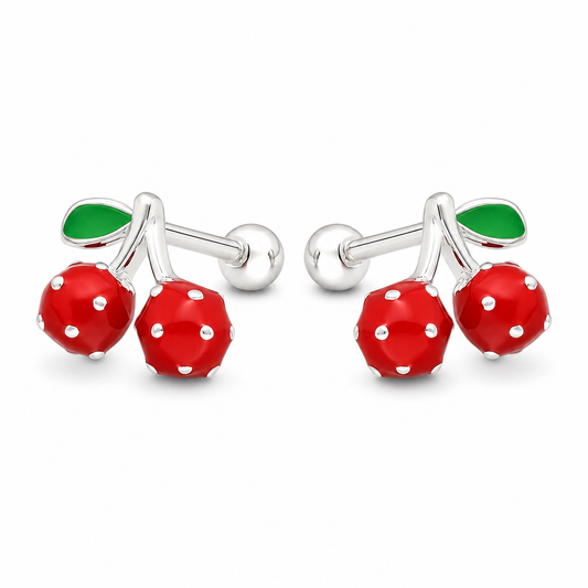 Aros de cerezas esmaltadas en plata ley 925, vista frontal del par