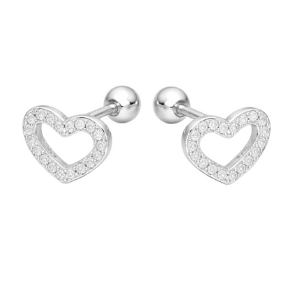 "Aros de plata ley 925 con silueta de corazón llena de circones brillantes, medida 6x4mm y tornillo de seguridad redondo."