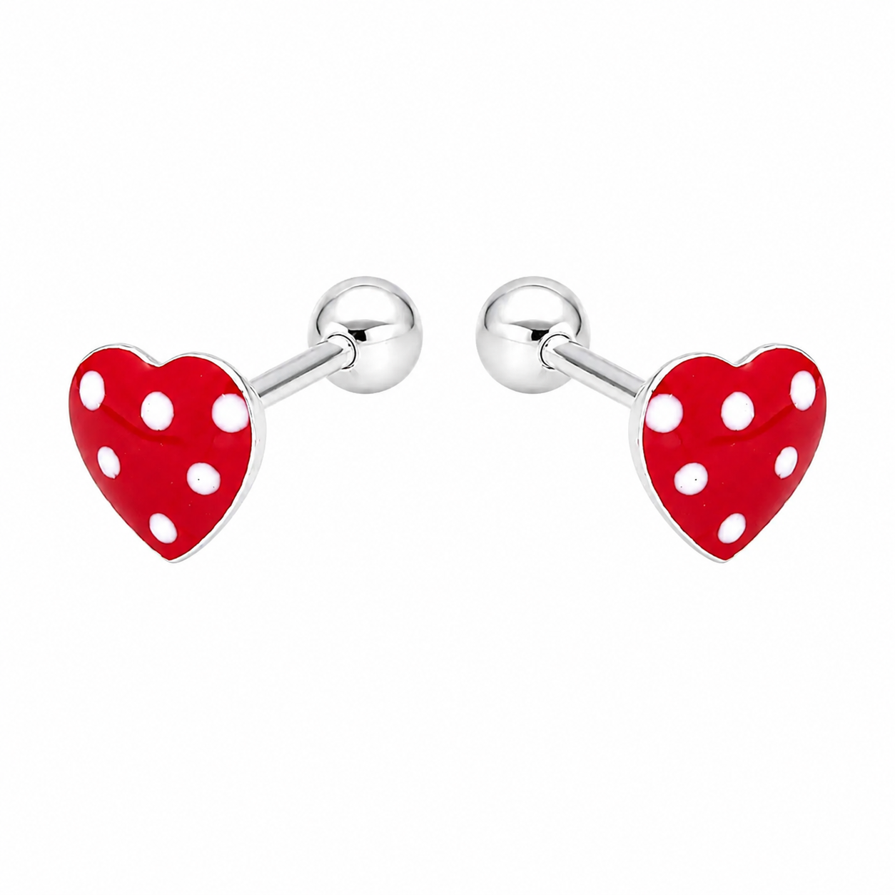 Aros de corazón rojo con lunares blancos en plata ley 925
