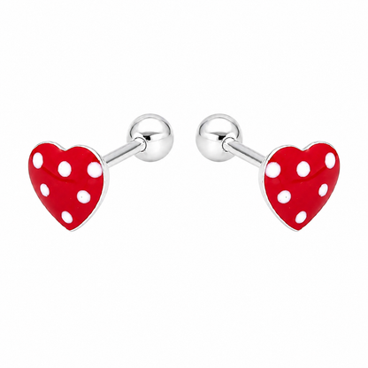 Aros de corazón rojo con lunares blancos en plata ley 925