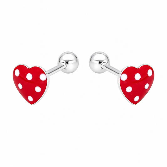 Aros de corazón rojo con lunares blancos en plata ley 925