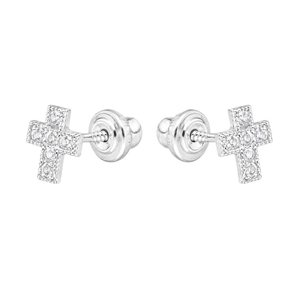 Aros de cruz con circones en plata ley 925, vista frontal del par