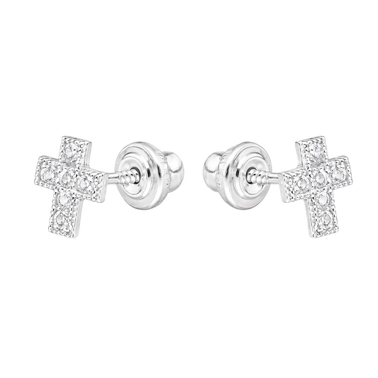 Aros de cruz con circones en plata ley 925, vista frontal del par