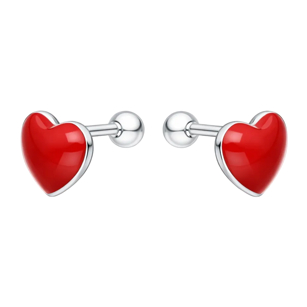 "Aros de plata ley 925 con forma de corazón esmaltado en color rojo vibrante y tornillo de seguridad con tope redondo."
