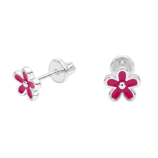 Aros de flor esmaltada color rosa en plata ley 925, vista frontal del par