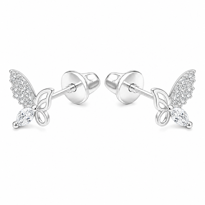 Aros de mariposa con circones en plata ley 925, vista frontal del par