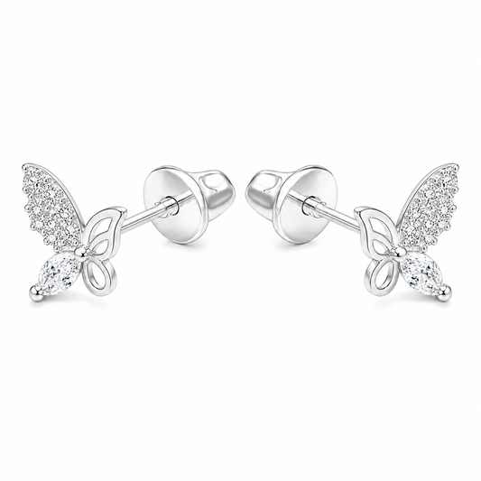 Aros de mariposa con circones en plata ley 925, vista frontal del par