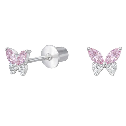 "Par de aros de plata ley 925 con forma de mariposa formada por circones rosados y blancos con cierre de seguridad tipo tornillo."