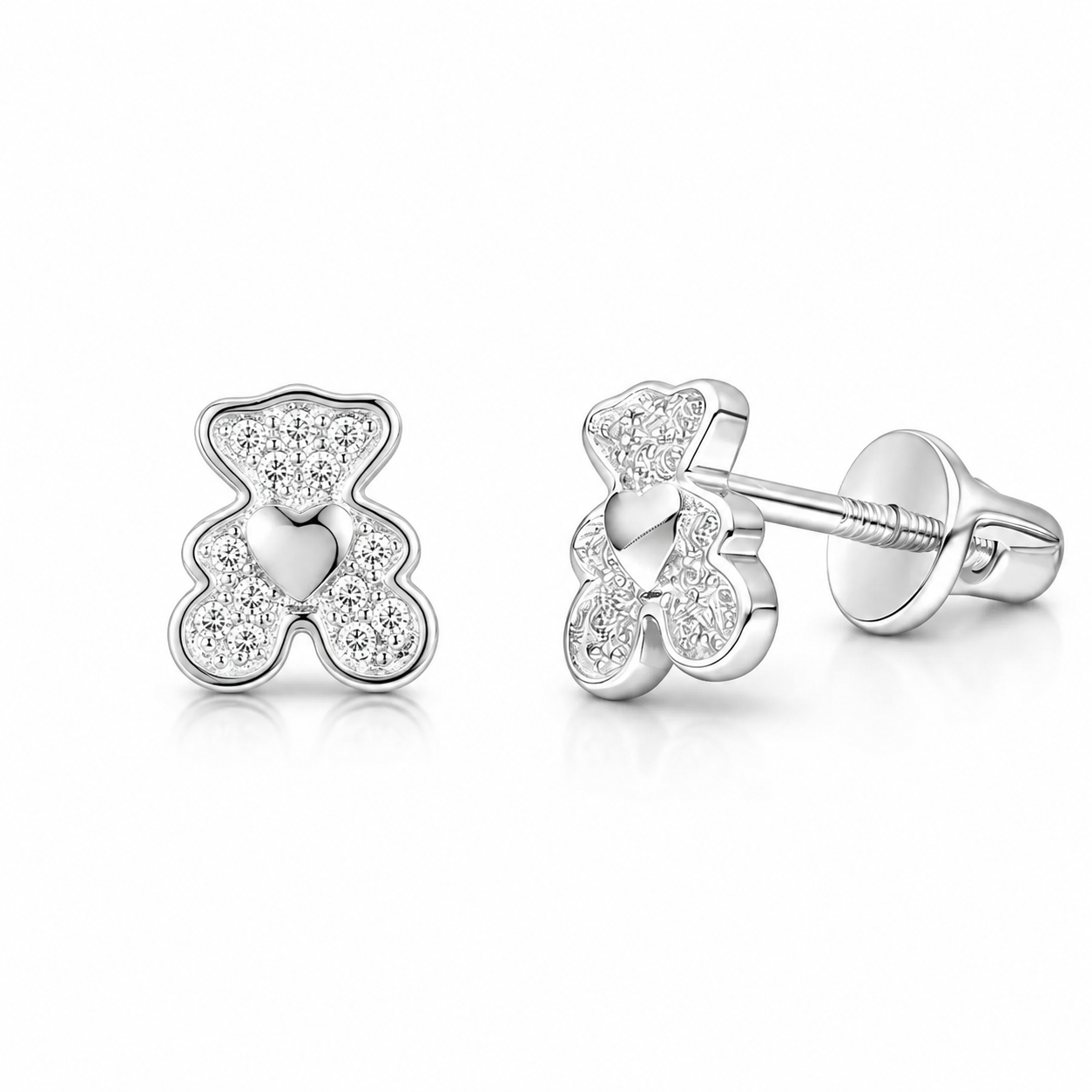 Aros de osito con corazón brillante en plata ley 925