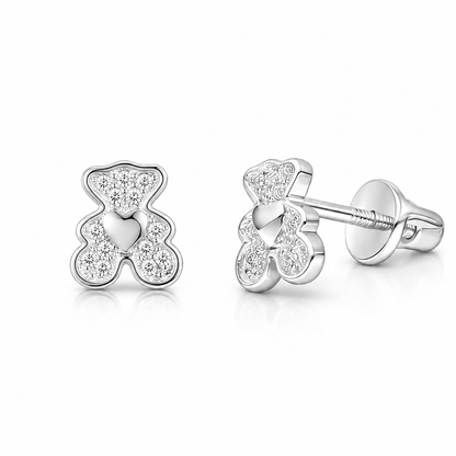 Aros de osito con corazón brillante en plata ley 925