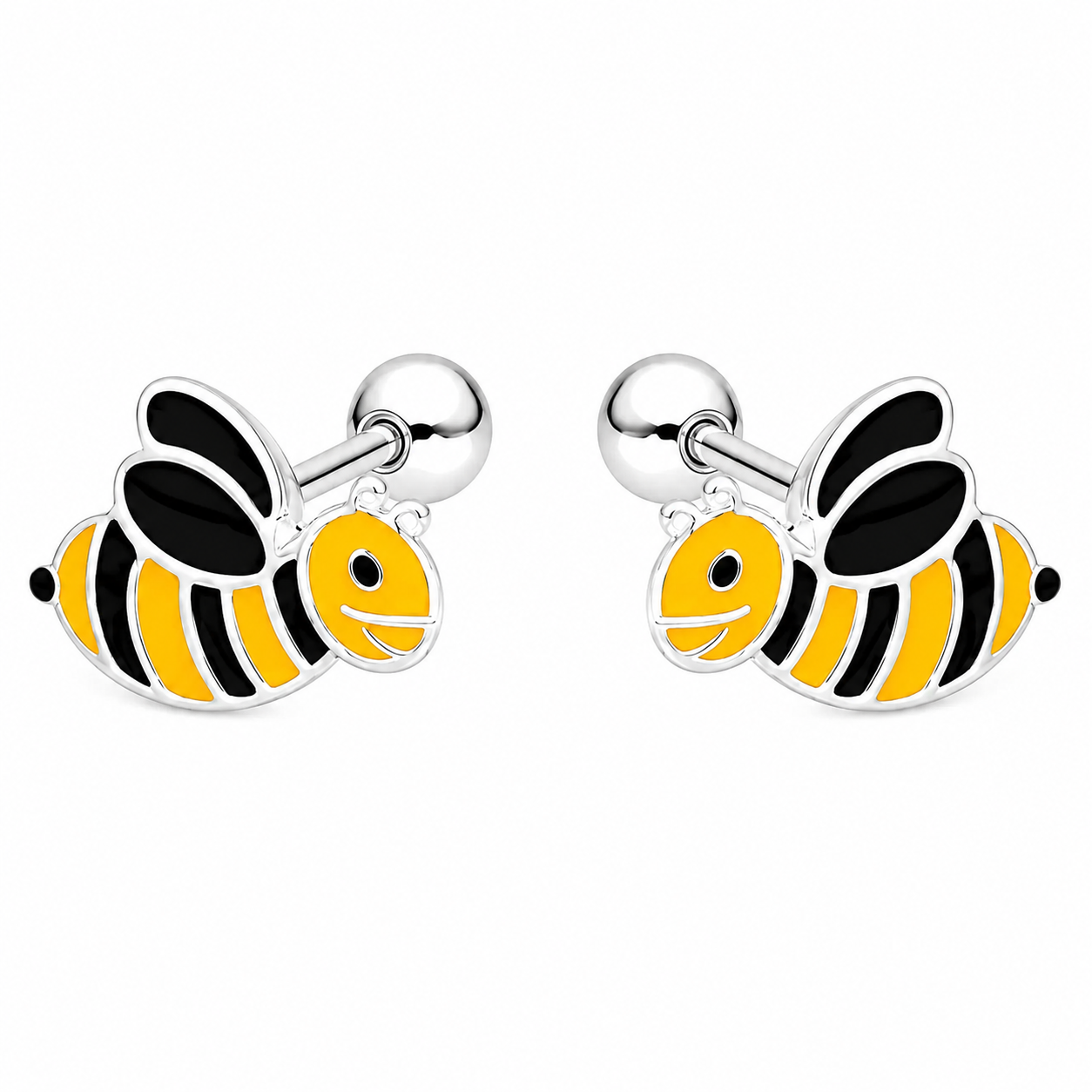 Aros de abejita sonriente en esmalte amarillo y negro, plata ley 925