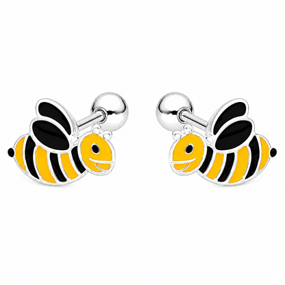 Aros de abejita sonriente en esmalte amarillo y negro, plata ley 925