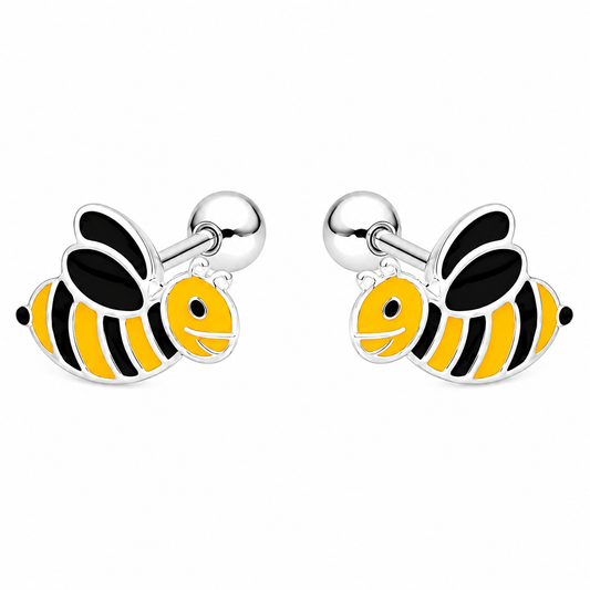 Aros de abejita sonriente en esmalte amarillo y negro, plata ley 925
