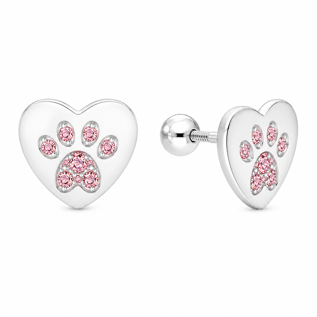 Aros de corazón con huella de perrito y circones rosados en plata ley 925, vista del par