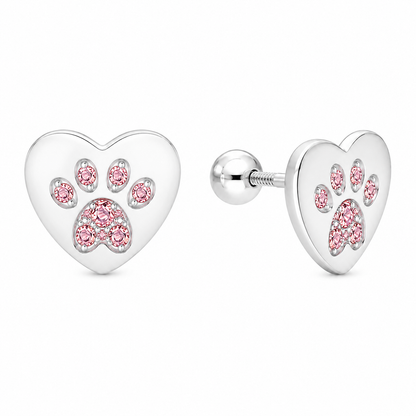 Aros de corazón con huella de perrito y circones rosados en plata ley 925, vista del par