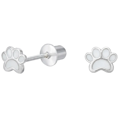 "Par de aros de plata ley 925 con forma de huella de perro esmaltada en blanco y sistema de cierre con tornillo de seguridad redondeado."
