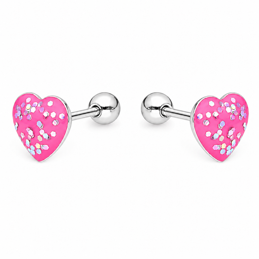 Aros de corazón rosado con glitter en plata ley 925