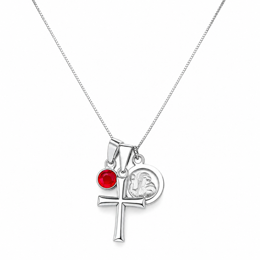 Collar de Plata 925 para Niña con Cruz, San Benito y Cristal Rojo (43 cm)