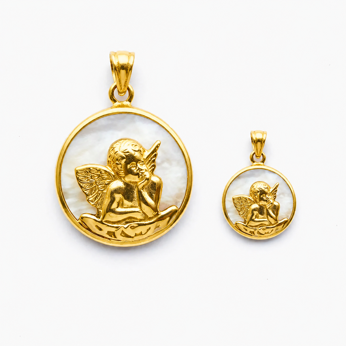 Medalla Ángel de la Guarda en oro 18k macizo con nácar , disponible en 12mm y 17mm, regalo para bebés y niños