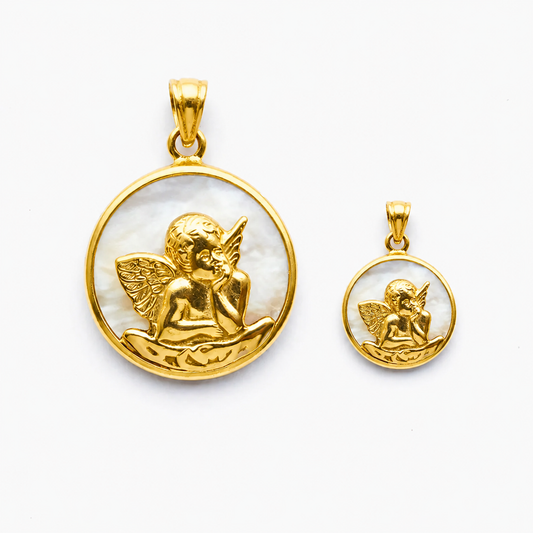 Medalla Ángel de la Guarda en oro 18k macizo con nácar , disponible en 12mm y 17mm, regalo para bebés y niños