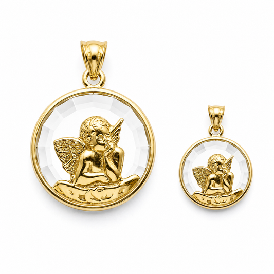 Medalla Ángel de la Guarda en oro 18k macizo con cristal facetado, disponible en 12mm y 17mm, regalo para bebés y niños