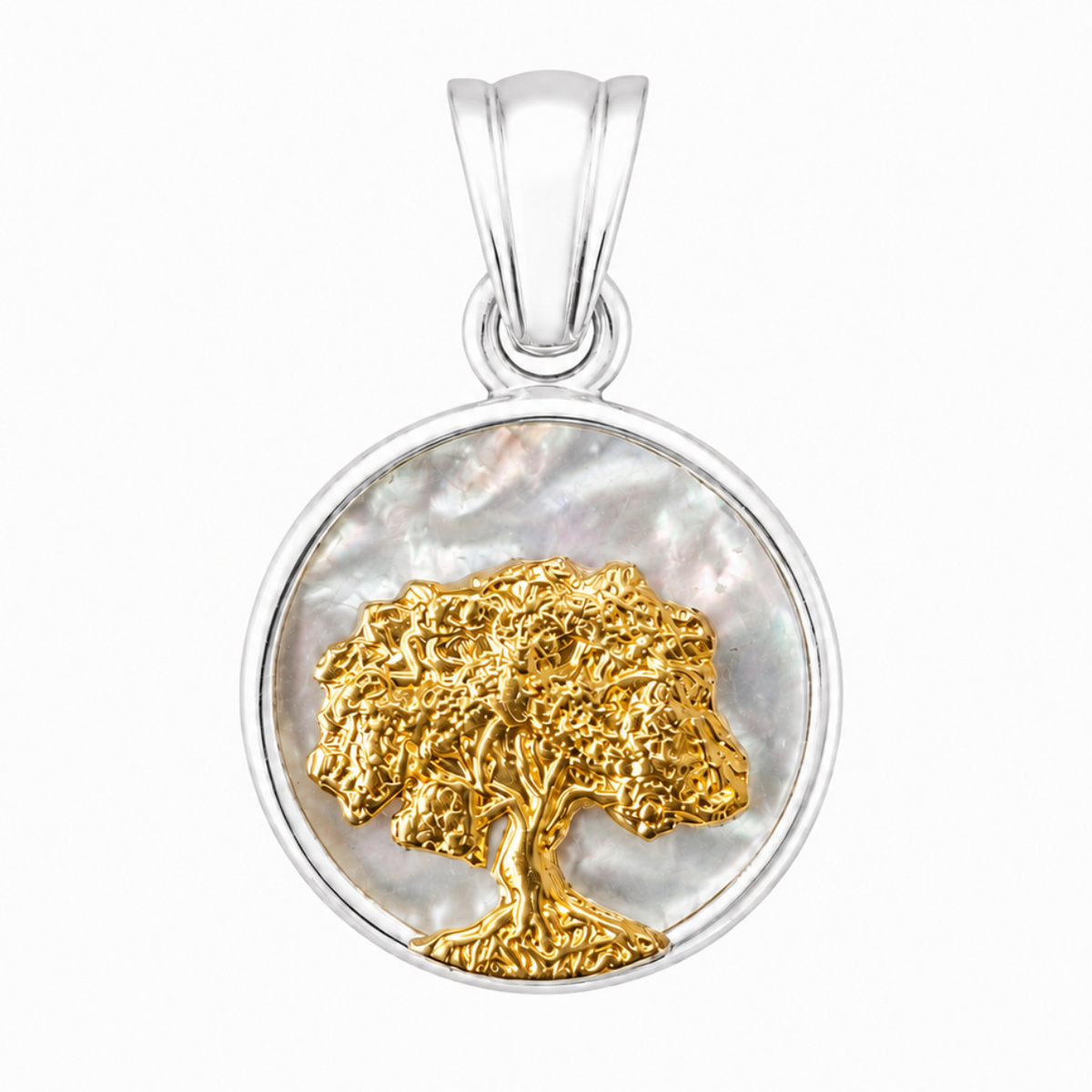 Medalla Árbol de la Vida en plata ley 900 bañada en oro 18k con fondo de nácar natural 12 mm.