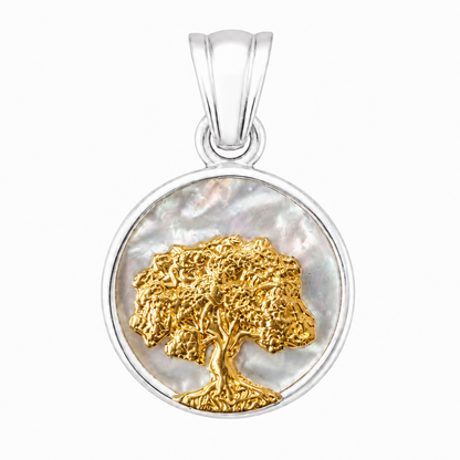Medalla Árbol de la Vida en plata ley 900 bañada en oro 18k con fondo de nácar natural 12 mm.