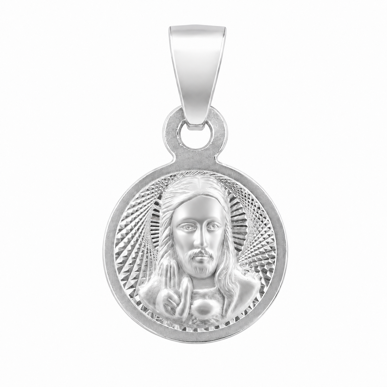 Medalla facetada de plata 925, Sagrado Corazón de Jesús en relieve, redondel de 13 mm.